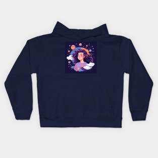 Woman with sweet dreams concept Young girl with galaxy and universe at hairs Kids Hoodie